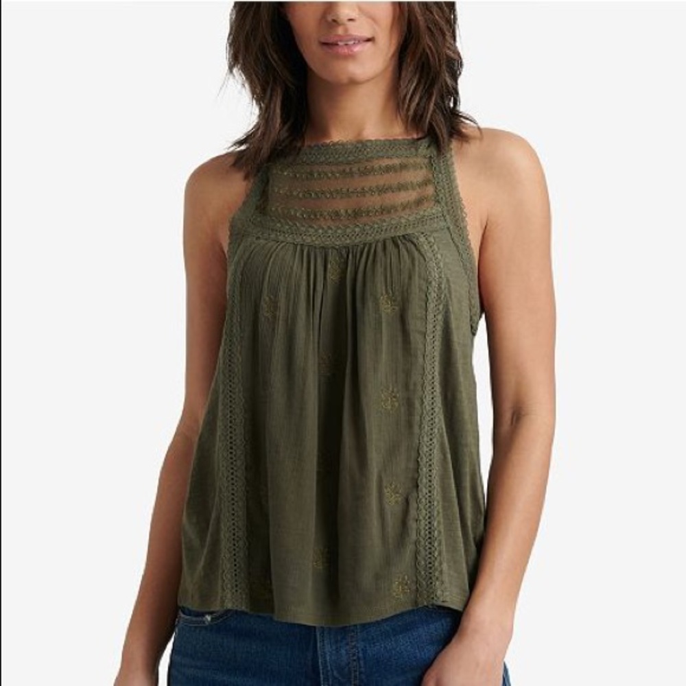 NWT LUCKY BRAND GREEN SEMI SHEER HALTER TANK TOP